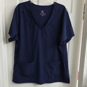 Navy V-Neck Short Sleeve Top with Pockets